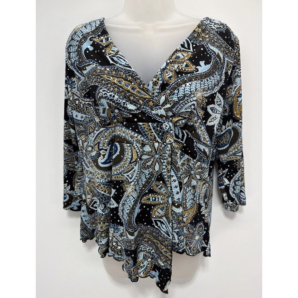 dressbarn Black Paisley Twist-Front Top with Blue and Gold Accents
